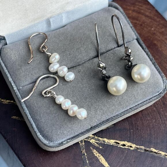 Vintage Sterling Silver Faux Pearl Earring Set Marcasite Details - Picture 2 of 5